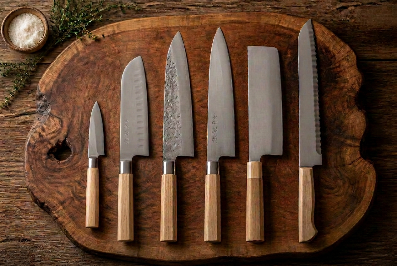 A selection of freshly sharpened kitchen knives